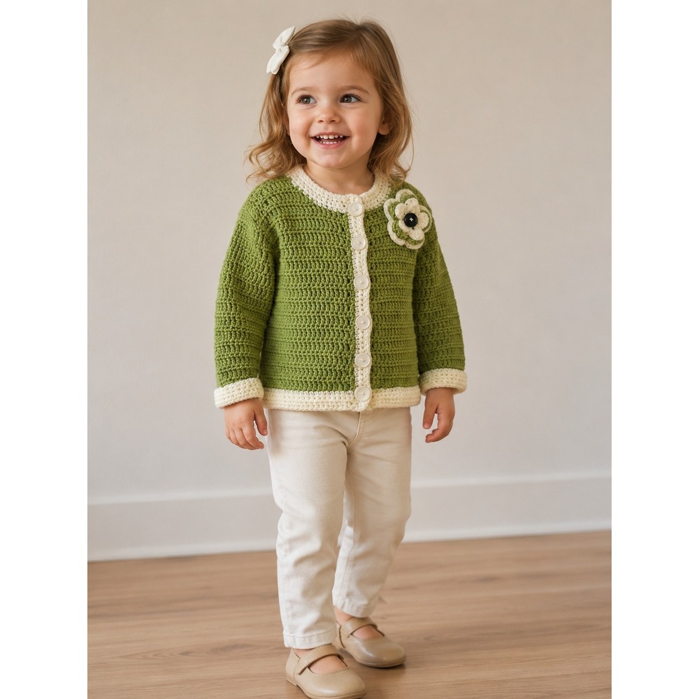 Handmade Crochet Cardigan Sweater Green Cream Flower Applique Toddler Kids